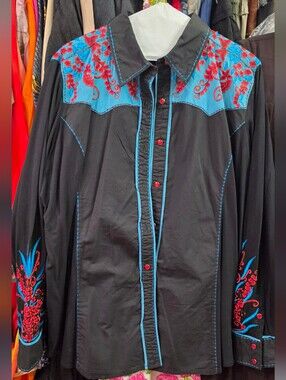 Black Stretch Western Shirt with Turquoise & Red Embroidery.